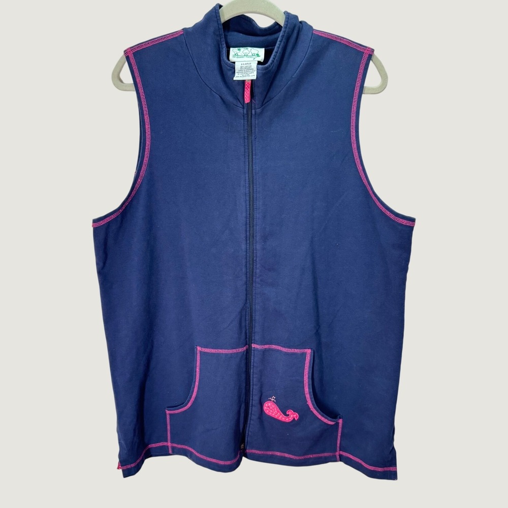Quacker Factory Women Vest XL Blue Pink Whale Rhinestone Zip Up Coastal Preppy